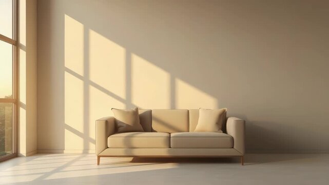 Sunlit beige sofa with soft cushions and window shadow pattern in minimalist living room