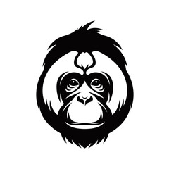 Obraz premium A black and white vector illustration of an orangutan's head, facing forward with a serious expression, isolated on a white background.