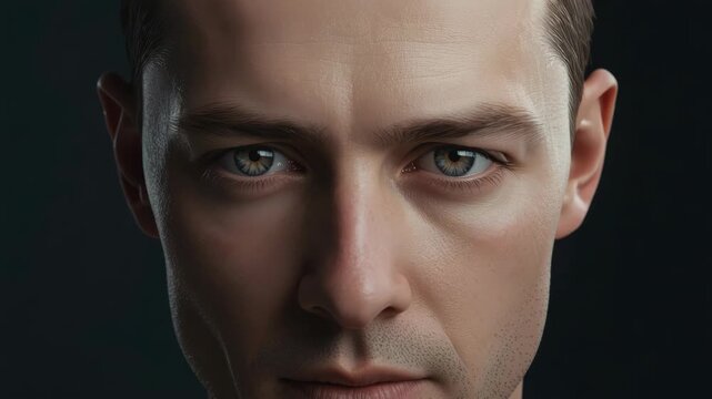 Close up portrait of serious young man male adult blue eyes textured skin with intense gaze