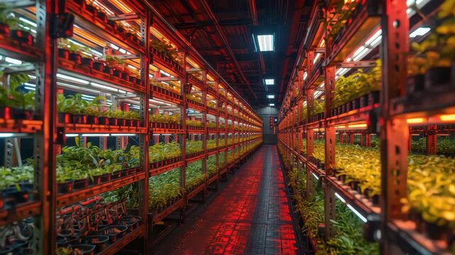 Indoor vertical farm aisle with LED grow light rows and glowing hydroponic seedlings bathed red