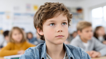 Obraz premium Young boy in classroom with students school education attentive child classroom student learning education portrait school lesson