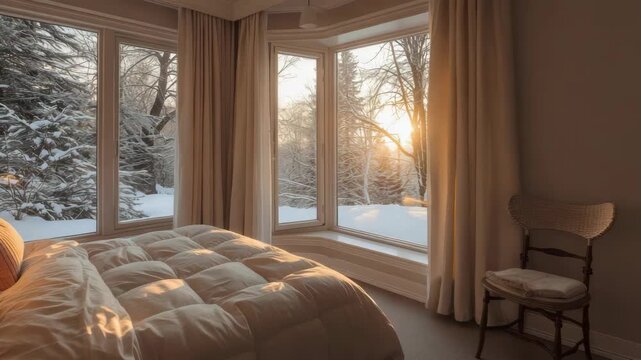 Cozy bedroom with large window overlooking snowy forest at golden sunrise, warm peaceful light