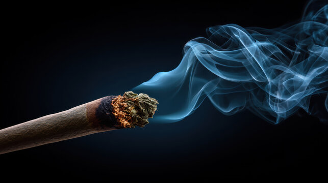 Burning cannabis joint smoke plume dark background close up isolated object hemp flower rolled cigarette blue smoke fire ember air pollution
