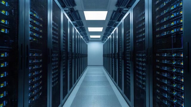 Modern data center server aisle with cool blue lighting, network blade server racks creating
