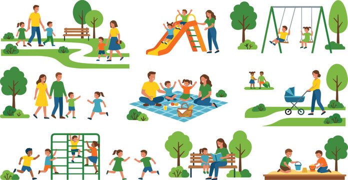 Family and children outdoor recreation set featuring park activities like picnic playground slide swings walking and sandbox play for community lifestyle and parenting themes.
