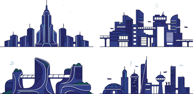 Futuristic city skyline vector set featuring sci-fi skyscrapers modern urban architecture smart city landscapes and cyberpunk metropolis designs for digital technology backgrounds.