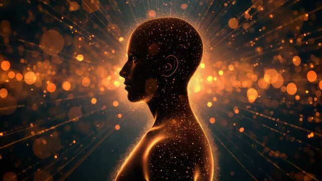 Human silhouette glowing with golden particle light radiant aura cosmic abstract lights