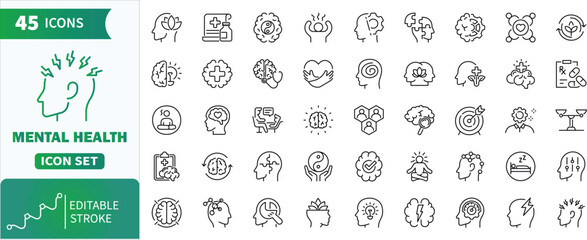 Mental health line icons set. Collection of psychology, therapy, brain, mindfulness, wellness, stress with therapy and wellness concepts. Editable stroke © Dopix