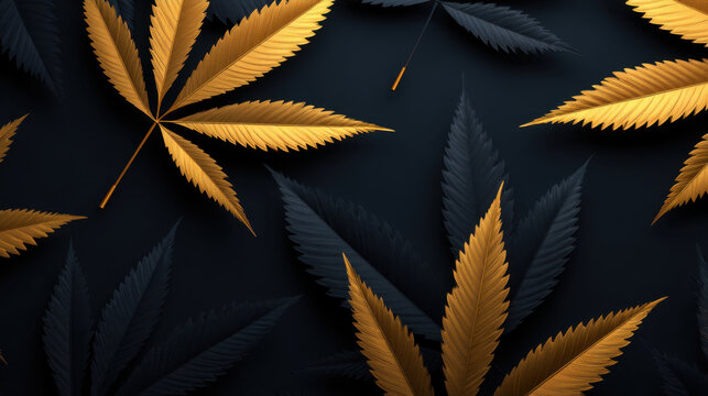 Cannabis leaf pattern gold and black top view decorative background seamless texture dark background botanical design isolated leaf