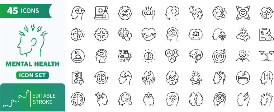 Mental health line icons set. Collection of psychology, therapy, brain, mindfulness, wellness, stress with therapy and wellness concepts. Editable stroke