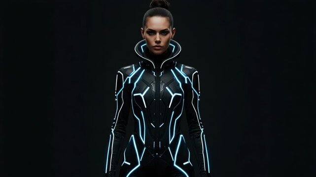 Futuristic woman illuminated suit blue light confident intense expression neon lines dramatic pose