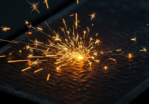 Bright yellow sparks flying on a dark textured industrial metal surface