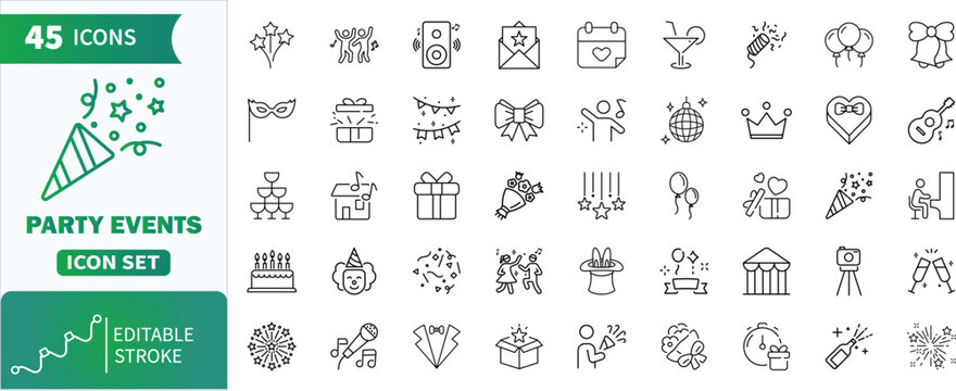 Party events icon set . Collection of marriage, ceremony, party, love, rings, marriage, love, dress, bride, music ,bouquet, tuxedo, dress