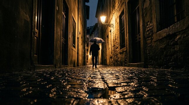 Low-Angle Reflection of Man with Umbrella in Puddle on Cobblestone Street at Night