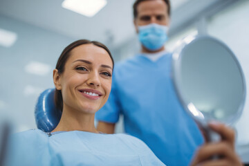 Fototapeta premium Smiling woman in modern dental clinic with dentist and mirror