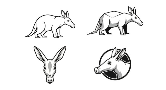 Aardvark Illustration Set - Detailed Line Art of Unique African Mammal.