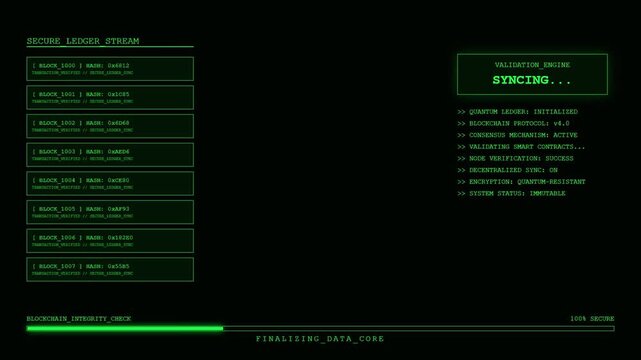 Secure Ledger Stream Blockchain Interface with Green HUD Data Blocks and Fintech Quantum Crypto Validation Engine Animation.