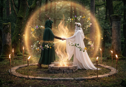 A sacred Beltane ritual where two figures representing masculine and feminine energy approach each other from opposite sides of a fire circle. Flames rise gently without burning them.