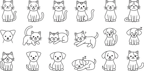 Cute pet doodle icon set cats and dogs hand drawn outline vector illustration isolated © Mst Rahema Begum