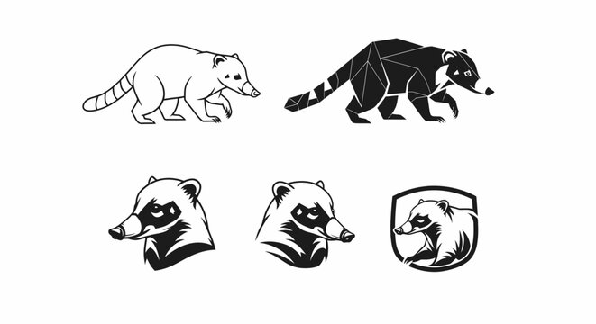 Coati Illustration Set - Detailed Line Art and Silhouette Designs.
