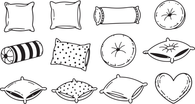 Pillow sticker doodle icon set cozy home decor vector illustration isolated