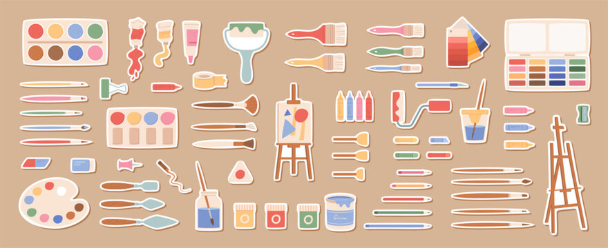 Flat artist patch supplies kit with pastel color paint and brush shapes. Cute art sticker set and palette patch icons suit children class or creative workshop. Beige background supports colorful