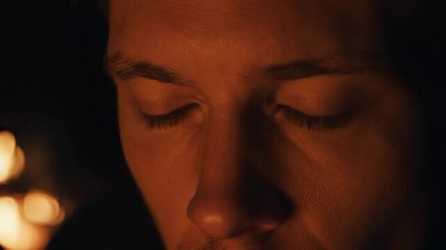 Close-up of a mans face lit by candles.