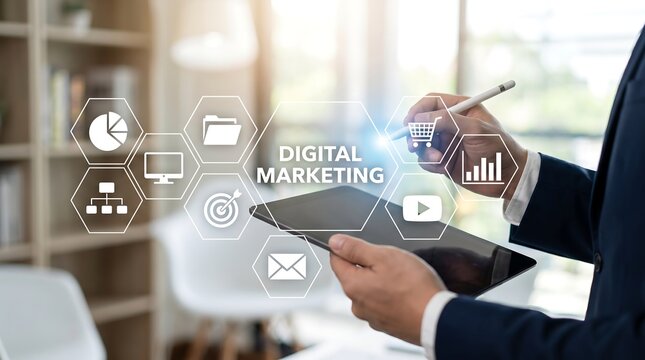 Marketer using a digital stylus on a tablet to manage digital marketing campaigns with a holographic interface showing various online strategy icons and business performance metrics