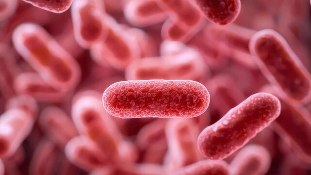 Red rod shaped bacteria microbe cell floating pink fluid, capsule coated microorganism close up