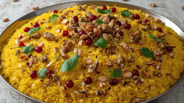 Saffron yellow rice pilaf topped with nuts almond and red berries fresh herbs warm festive garnished