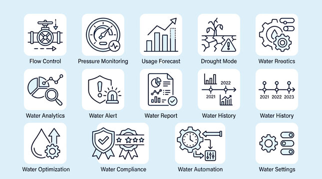 Set of water management icons for industrial utility monitoring systems.