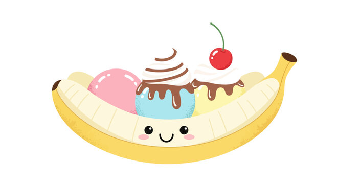 Cute Banana Split Ice Cream Dessert with Cherry on Top