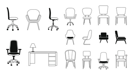 Fototapeta premium Large selection of various office chair and workstation desk icons in clean black and white line art vector style.