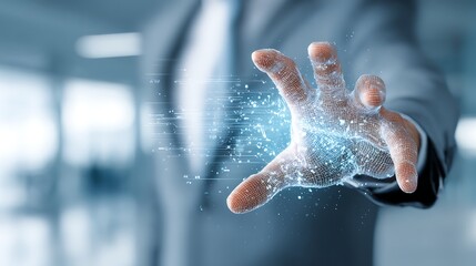 Fototapeta premium human hand in a professional suit interacting with a glowing, translucent 3D holographic data interface.