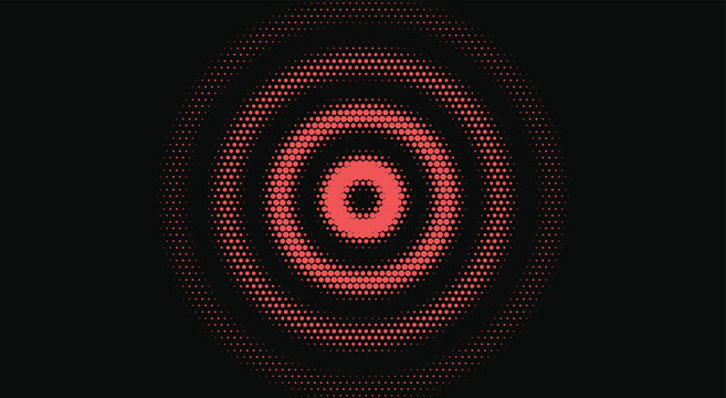 Abstract radial halftone dotted pattern. red concentric circles, black background, geometric target, optical gradient. for hypnotic retro poster, radar tech banner.