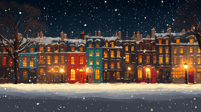 Colorful houses in the snowy night