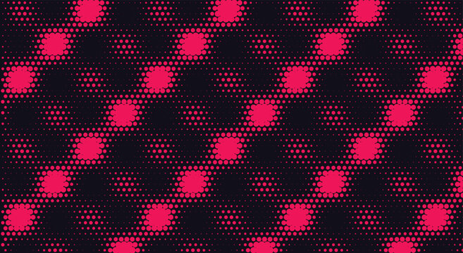 Abstract diagonal halftone dotted pattern. magenta dots, black background, geometric diamond shapes, optical gradient. for retro cyber banner, pop art textile. Vector illustration.