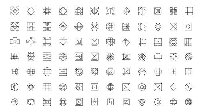 Vast collection of abstract geometric line symbols and minimalist logo marks arranged in grid on white background.