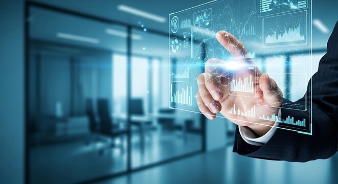 human hand in a professional suit interacting with a glowing, translucent 3D holographic data interface.