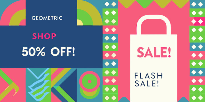 colorful geometric shop sale graphic with shopping bag