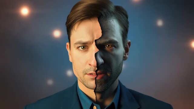 Portrait man split face half shadow dramatic emotional contrast light dark moody bokeh lighting