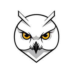 Fototapeta premium A fierce white owl head with intense yellow eyes and a black beak, designed in a graphic, stylized manner.