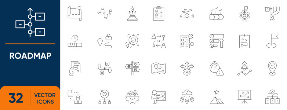 Roadmap Icon Set. Containing Roads, Route, Guide, Map, Timeline, Milestone and more. Editable vector Line icons collection.