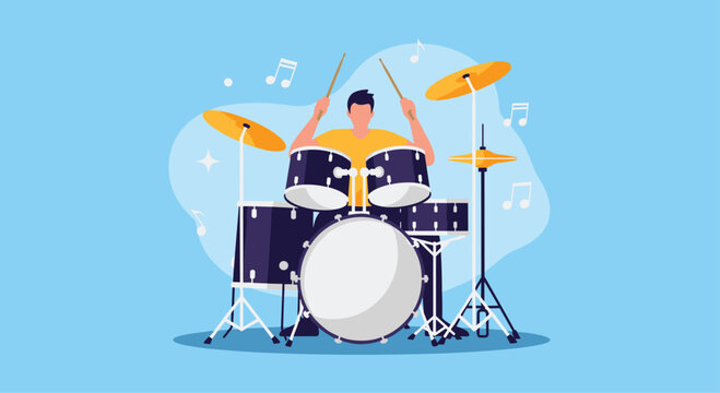 Musician playing full drum set with cymbals and musical notes floating on blue background in flat vector illustration.