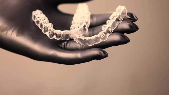 Clear dental aligner in gloved hand gray background orthodontic treatment