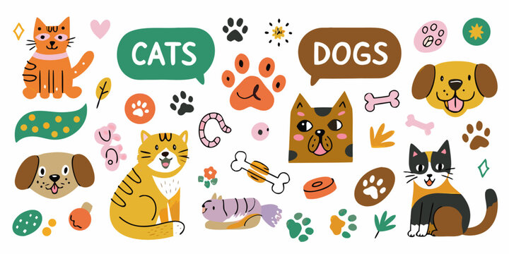cats and dogs playful pets with colorful speech bubbles