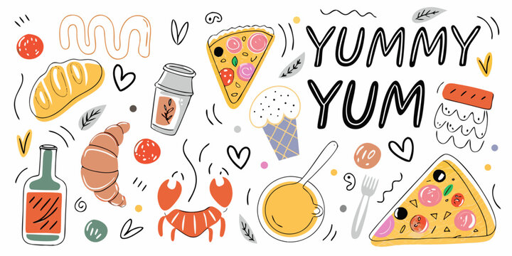 hand drawn doodles of various foods on white background