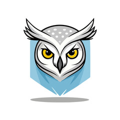 Fototapeta premium A stylized white owl head with intense yellow eyes on a blue shield emblem, representing wisdom and strength.