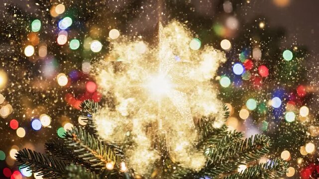 Glittering gold star christmas tree toppers with colorful lights on a festive holiday tree