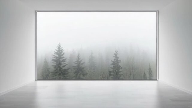 Misty forest beyond large modern window with pine evergreen fog creating calm serene atmosphere